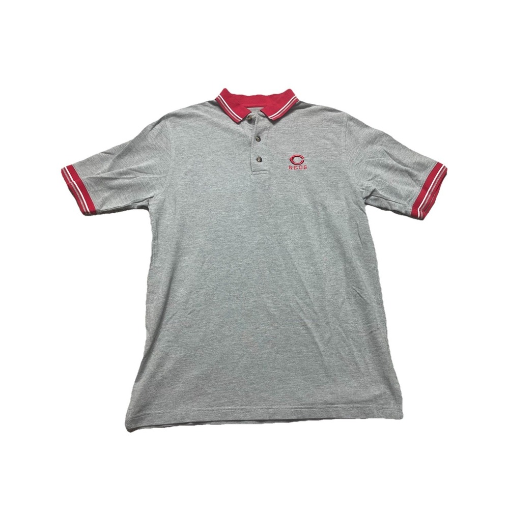 Vtg Lee‎ Sport Cincinnati Reds Polo Shirt Gray Red Sz Medium Y2K